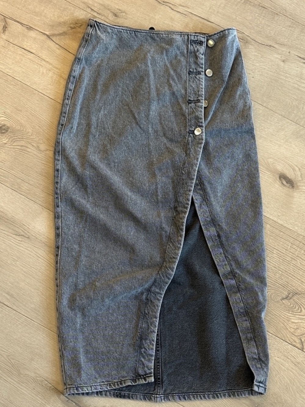 Zara Washed Gray Denim Wrap Midi Skirt with Front Slit